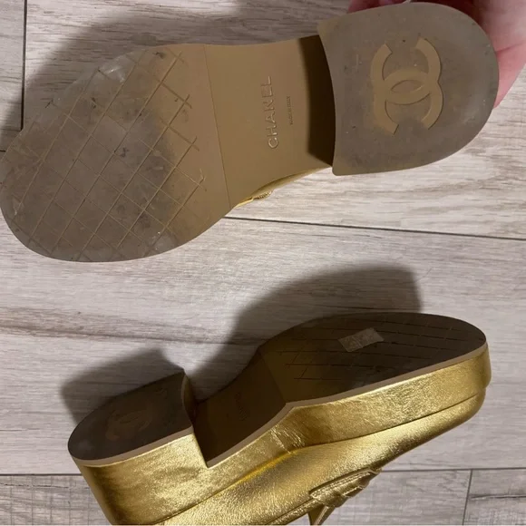 CHANEL Gold Flats Luxurious Metallic Loafers